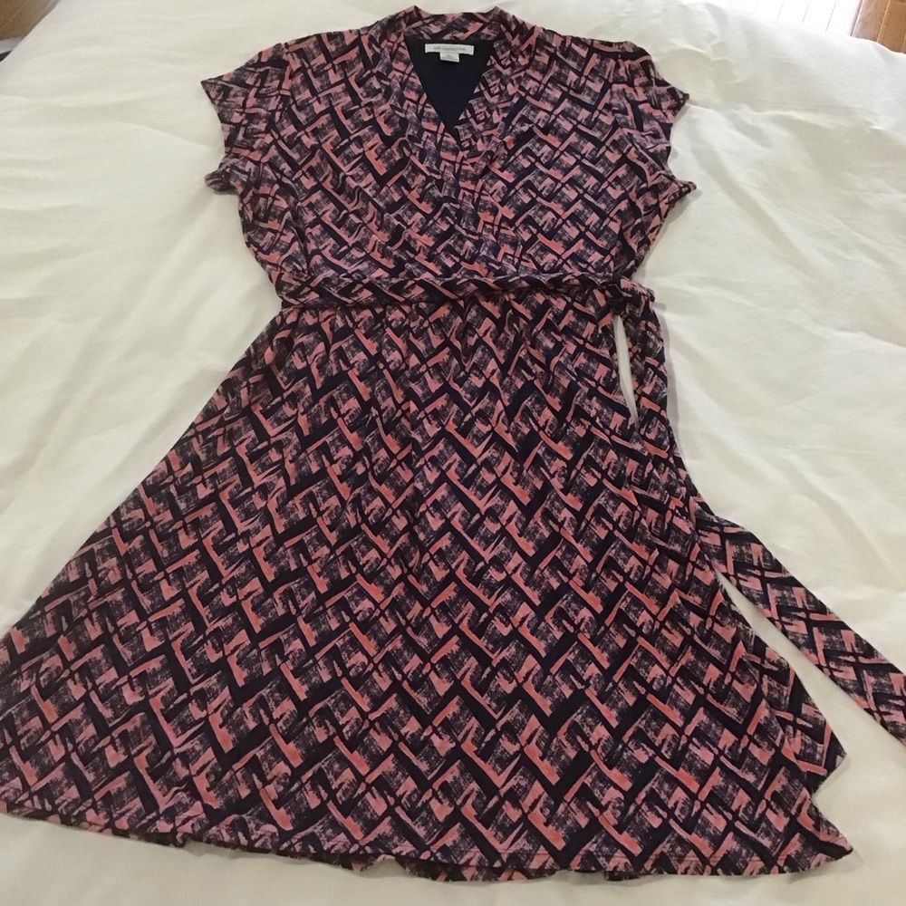 Liz Claiborne Pink & Navy Short Sleeve V Neck Stretch Wrap Top Dress, Size XL